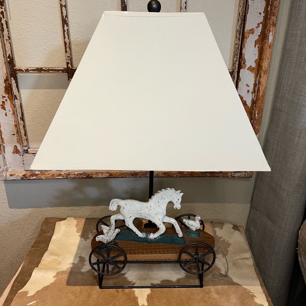 Vtg lamp with removable cast iron and wood pull toy